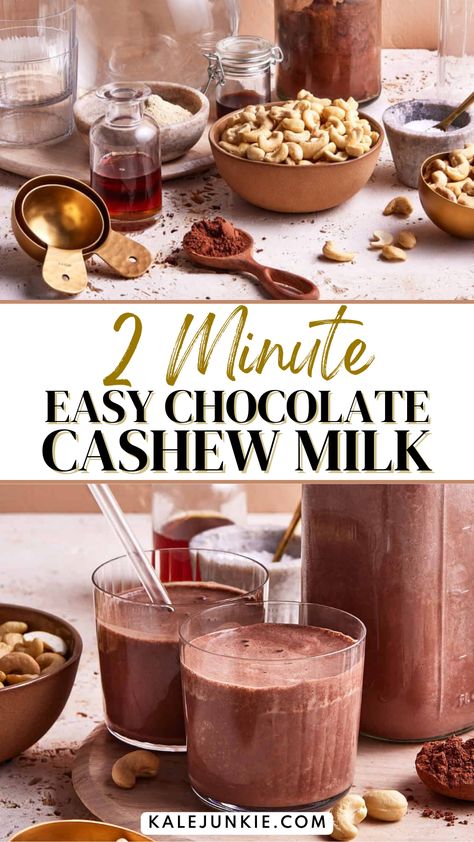 This 2 Minute Easy Chocolate Cashew Milk is truly the most delicious and creamy chocolate milk ever! It’s perfect in your smoothies or coffee and seriously only takes 2 minutes to make. Everything comes together by just using the blender and the ingredients are simple too. Try it out today! Chocolate Cashew Milk, Granola Dessert, Cashew Chocolate, Breakfast Loaf, Chocolate Cashew, Healthy Chocolate Recipes, Paleo Friendly Recipes, Healthier Desserts, Easy Drink Recipes