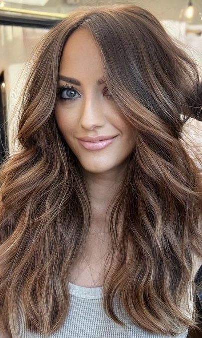 High Lights And Low Lights Brown Caramel Long Hair, 2023 Hair Trends For Women Long Hair, Hair Color For Blue Eyes And Fair Skin, Medium Brown Hair With Lowlights, Low Lights For Brown Hair, Brown Bayalage Hair, Brown Bayalage, Colorful Highlights In Brown Hair, Bayalage Hair