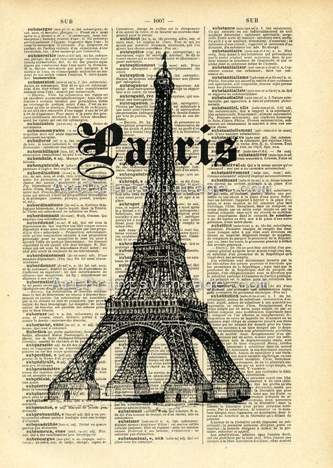 Paris Printables, Altered Books Pages, Paris Illustration, Personalized Map Art, Dictionary Art Print, Dictionary Page, Paris Vintage, Upcycled Art, Vintage Dictionary