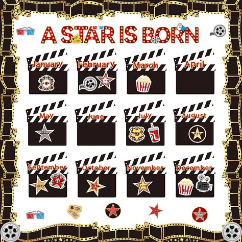 Amazon.com: BeYumi Birthday Bulletin Board Decorations - 75Pcs Movie Birthday Bulletin Board Set A Star Is Born Border Trim Decor Months Movie Film Clap Board Cutouts Birthday Calendar School Classroom Chalkboard : Office Products Birthday Calendar Classroom, Movie Elements, Clap Board, Classroom Chalkboard, Birthday Calendar Board, 1st Birthday Board, Hollywood Theme Classroom, Birthday Bulletin Board, Patterned Cardstock