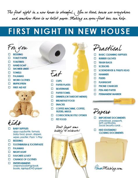 Family’s first night in a new home checklist. This list will give you an idea of the first things to do when moving into a new house. New House Checklist, Moving Ideas, Moving House Tips, House Checklist, Inmobiliaria Ideas, New Home Checklist, Apartment Checklist, Moving Checklist, Packing To Move