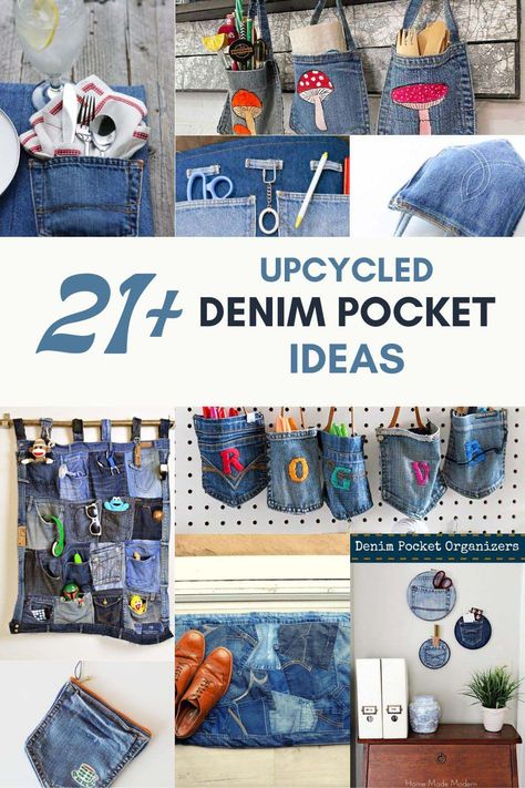 45 Ways to Repurpose Denim Pockets: Upcycle old denim jeans into stylish new home décor, accessories, and #Jean_Pocket_Repurpose #Old_Jeans_Pockets_Ideas #Upcycling #Upcycled_Denim_Pockets Old Jeans Pockets Ideas, Jean Pocket Repurpose, Denim Pockets Crafts, Upcycle Jean Pockets, Blue Jean Pocket Crafts Diy Ideas, Jeans Pockets Ideas, Repurpose Jeans Ideas, Denim Pockets Projects, Jean Pocket Crafts