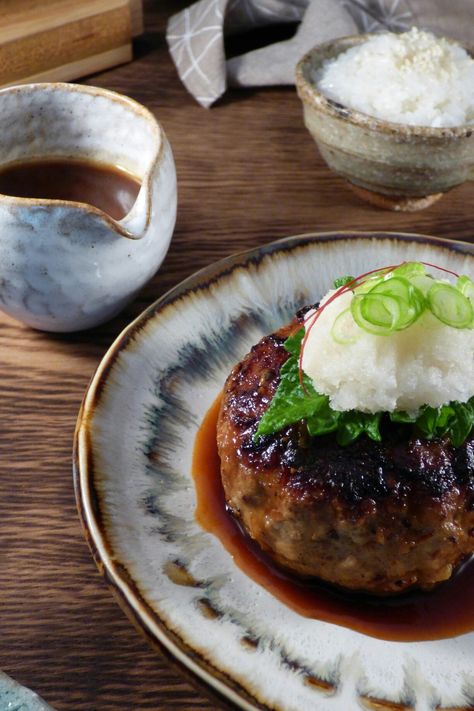 Wafu oroshi hambāgu, Japanese style hamburger with ponzu citrus soy sauce, shiso… Japanese Burger Steak, Fine Dining Japanese Food, Japanese Food Photography, Japanese Wine, Japanese Beef, Authentic Asian Recipes, Hamburger Steak, Soft Food, Asian Fusion