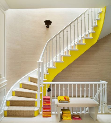 Summer Thornton on Instagram: “Live a little...paint your stairs bright yellow, it'll make you smile & give your home life! ​#interiordesign#livecolorfully #stairwell…” Yellow Stairs, Painted Staircase, Painted Staircases, Stair Well, Hamptons House, Southern Home, Building For Kids, Stairway To Heaven, French Country House