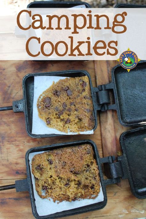 Campfire Cookies Recipe - Do you want home baked cookies while camping? Make these Campfire Cookies using a pie iron over the fire. Get the kids to help with this fun and easy camping dessert. Just make sure you prep enough cookie dough because they will disappear quickly! #cookies #camping #campingrecipe #LetsCampSmore #campingdessert #campfirecooking Campfire Cookies, Pie Iron Recipes, Camping Cookies, Pie Iron, Camping Desserts, Cookies Easy, Baked Cookies, Campfire Food, Campfire Cooking