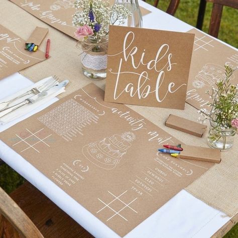 Kids Table Wedding, Activity Placemat, Kids Wedding Activities, Vintage Burlap, Lace Table Runners, Wedding Activities, Kids Table, Burlap Wedding, Rustic Country Wedding