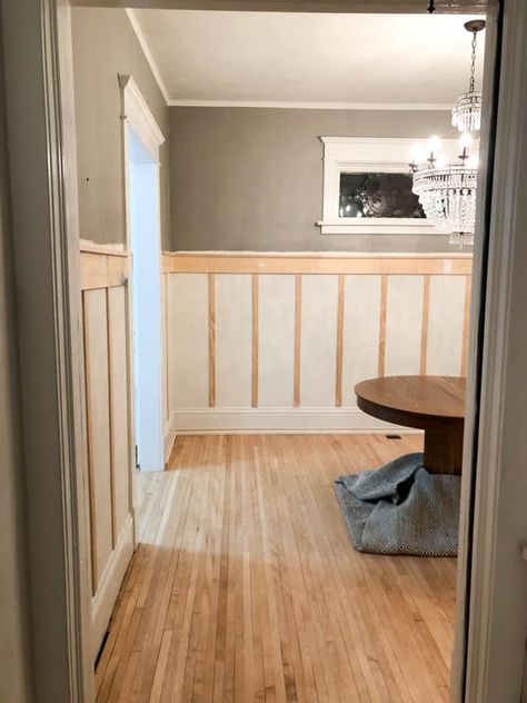 DIY Board and Batten Dining Room - Bright Green Door Board And Batten Dining Room, Faux Board And Batten, Dining Room Paneling, Faux Wainscoting, Diy Board And Batten, Dining Room Wainscoting, Dining Room Updates, Green Dining Room, Dining Room Accents