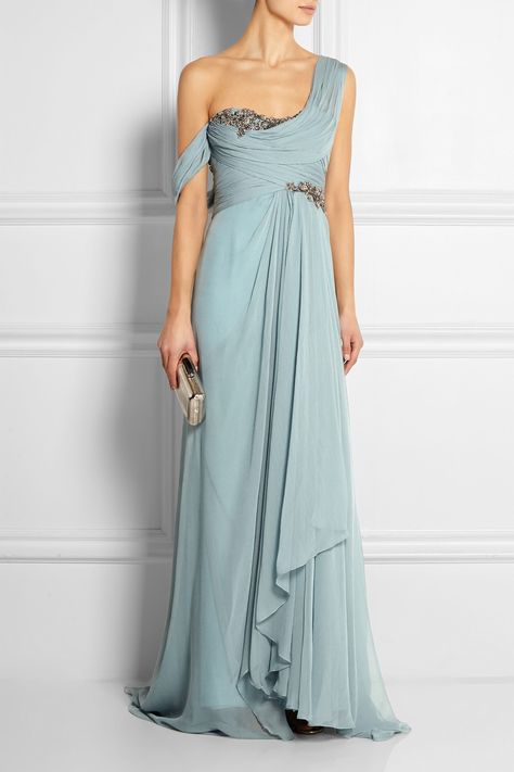 MARCHESA One-shoulder embellished silk-georgette gown Greek Style Dress, Grecian Wedding Dress, Pastel Gown, Marchesa Gowns, Gown Sewing Pattern, Georgette Gown, Haute Couture Details, Classy Gowns, Tamara Mellon