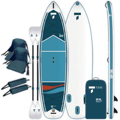 11'6" Beach SUP-YAK Tandem + Kayak Kit inflatable paddleboard - Complete package | TAHE Beach Inflatables, Kayak Seats, Tandem Kayaking, Stand Up Paddling, Sup Stand Up Paddle, Sup Boards, Inflatable Sup, Inflatable Paddle Board, Kayak Paddle