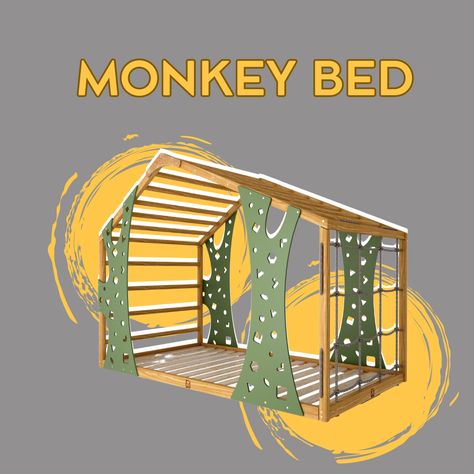 ⭐️ BusyWood Monkey Bed is a unique combination of a comfortable toddler bed and a wooden play gym. This kids playground is created to give your child personal space, relaxing rest and active development at the same time. This extraordinary bed features a rope net wall and a sturdy ladder, transforming bedtime into a thrilling escapade. Jungle Gym Bed, Wooden Play Gym, Indoor Gym, Babies Room, Baby Twins, Toddler Beds, Jungle Gym, Monkey Bars, Bed Plans