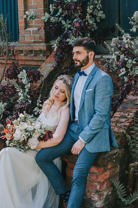 Blue Linen Wedding Suit, Linen Groom Suit, Groom Attire Blue, Bohemian Wedding Groom, Linen Wedding Suit, Blue Linen Suit, Bow Tie Groom, Beach Wedding Suits, Ethereal Bride