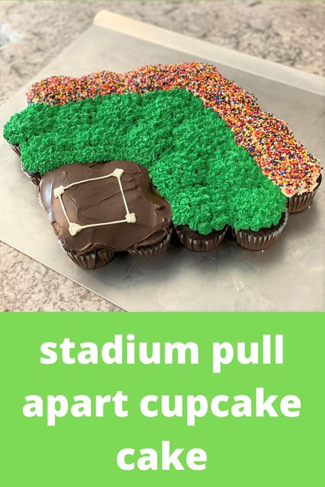 Pull Apart Baseball Cupcake Cake, Baseball Pull Apart Cupcakes, Baseball Cupcake Cake, Pull Apart Cupcake Cake Birthday, Baseball Cupcake Cakes, Stadium Cake, Pull Apart Cupcake, Baseball Cupcakes, Laser Tag Party