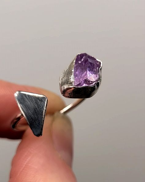 Raw Amethyst & Triangle Adjustable Tribal Ring Amethyst Set, Raw Amethyst, The Warrior, Amulets, Raw Gemstones, Adjustable Rings, Two By Two, Amethyst, Jewelry Design