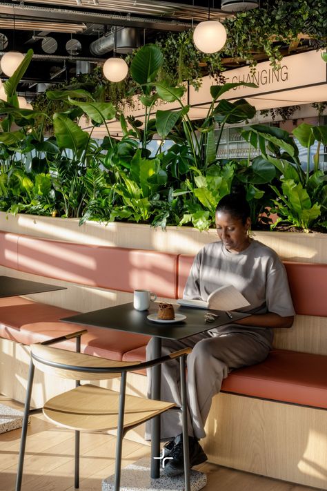 Versatile food and beverage breakout space at Alpha Group's Paddington office with a bench featuring peach seats, tables, and a built-in planter filled with plants. Ideal for casual meetings and meals. Collaboration Spaces In Offices, Communal Area Design, Seating With Planter, Breakout Area Design, Office Relax Area, Office Bench Seating, Caffe Bars, Planter With Bench, Office Breakout Space