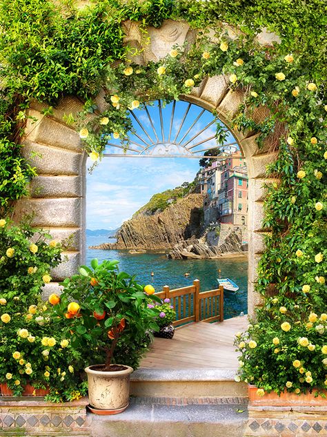 Fotomural decorativo de un arco en pueblo mediterráneo. Con vistas al mar y un acantilado. Cute Easy Paintings, Photoshop Backgrounds Free, Studio Background Images, Photo Mural, Cottage Art, Photo Background Images, Photoshop Backgrounds, Nature Art Painting, Open Window