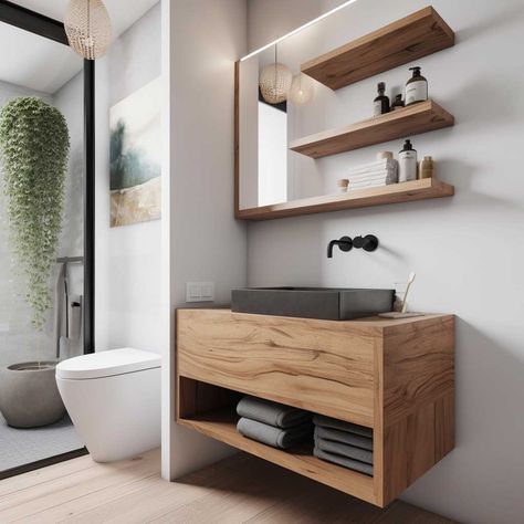 6+ Inspiring Small Modern Bathroom Vanity Ideas for a Functional Makeover • 333+ Images • [ArtFacade] Modern Bathroom Vanity Ideas, Small Modern Bathroom, Bathroom Vanity Ideas, Property Renovation, Vanity Shelves, Bathroom Vanity Designs, Compact Bathroom, Small Entryways, Wooden Vanity