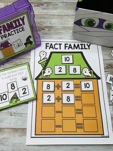 Fact Family Games First Grade, Fact Family Craft First Grade, Math Fact Families, Stellaluna Activities First Grade, Fall Math 1st Grade, How To Teach Fact Families, Halloween Fact Families, Fact Family Haunted House, Fact Family Activities 1st Grade