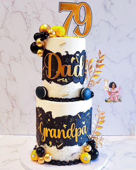 Crafted this elegant cake to celebrate 79 wonderful years for a beloved Dad and Grandpa! Happy 79th Birthday 🎂🎉🎉🎉🎉🎉 #cakesbydammie #cakeformen #cakedecorator #cakeforgrandpa #grandpacake #milestonecake #menscake #cakeforhubby #calgarycakedecorator #calgarybaker 75th Birthday Cake For Grandfather, Grandpa Cake, 75 Th Birthday Cake, 75th Birthday Cake For Dad, Happy 79th Birthday, 75 Birthday Cake, 79th Birthday, African Hair Wrap, 70th Birthday Cake