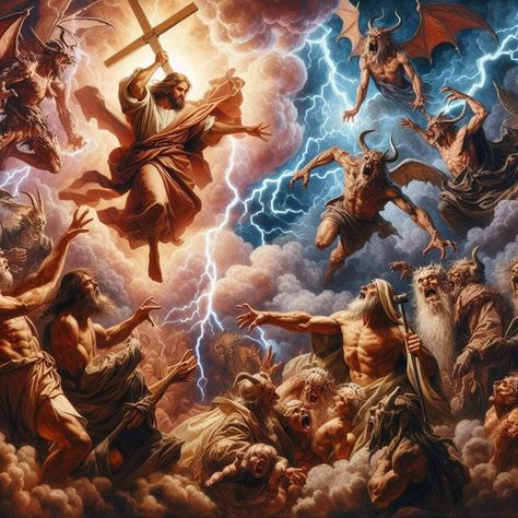 Biblical Angles Art, Heaven Vs Hell Drawing, Armageddon Bible, Biblical Art Angel, Angel Vs Devil, Angels Vs Demons Battle, Lillith Goddess, Jesus Defeating The Devil, Angel Y Diablo