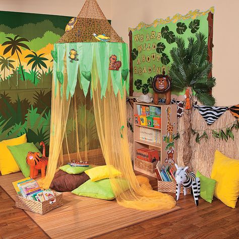 Jungle Reading Corner Idea - OrientalTrading.com Book Room Decor, Jungle Theme Classroom Decorations, Safari Theme Classroom, Reading Corner Classroom, Book Area, Jungle Theme Classroom, Rainforest Theme, Deco Jungle, Jungle Room