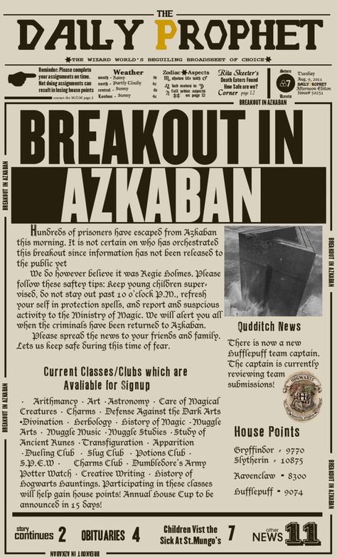 Breakout in Azkaban Hogwarts Brief, Harry Potter Newspaper, Kid Garden, Classe Harry Potter, Natural Playgrounds, Imprimibles Harry Potter, Daily Prophet, Harry Potter Classroom, Harry Potter Printables