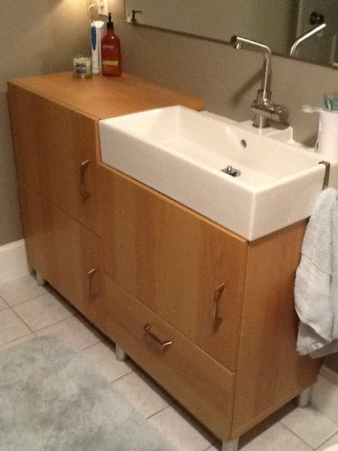 updated vanity for our tiny master bathroom -- Ikea Lillangen sink, Grundtal faucet, Besta base units Helmer Ikea, Diy Bathroom Sink, Home Depot Bathroom Vanity, Narrow Bathroom Vanities, Bathroom Sink Diy, Ikea Sinks, Home Depot Bathroom, Bathroom Vanity Countertops, Bathroom Sink Cabinets