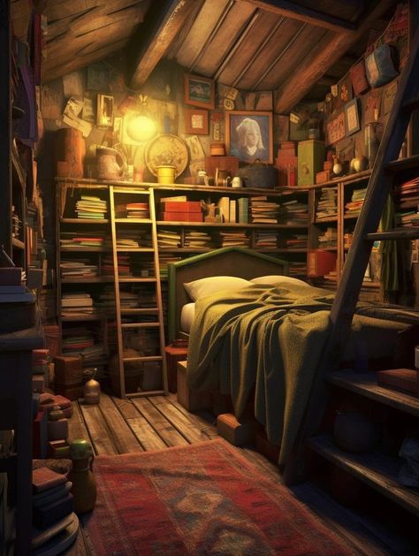 Fantasy Cabin Interior Concept Art, Knightcore Aesthetic Room, Hammock In Bedroom Aesthetic, Aesthetic Study Room Ideas, Fantasy Dorm Room, Cosy Artwork, Busy Bedroom, Attic Aesthetic, Fantasy Cottage Interior