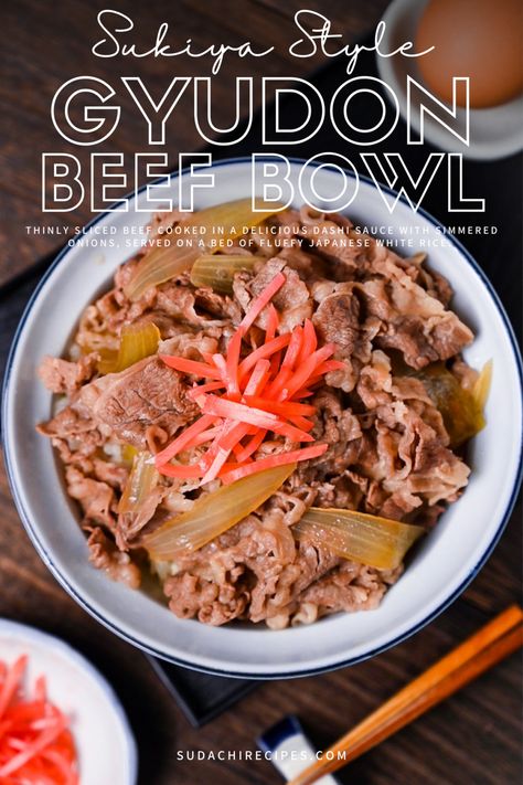 Sukiya Gyudon (Japanese Beef Bowl) - Sudachi Recipes Japanese Gyudon Recipe, Japanese White Rice, Japanese Beef Bowl, Donburi Recipe, Okinawa Food, Beef Bowl Recipe, Beef Bowl, Japanese Beef, Beef Bowls