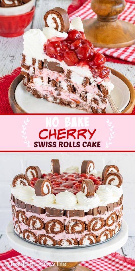 No Bake Cherry Swiss Rolls Cake - layers of no bake cherry cheesecake and chocolate snack cakes make this cake so easy to put together! Great recipe to make for dessert or events. Rolls Cake, Little Debbie Snack Cakes, Chocolate Snack Cake, Swiss Cake, Cake Cherry, No Bake Cherry Cheesecake, Swiss Rolls, Snack Cakes, Swiss Roll Cake