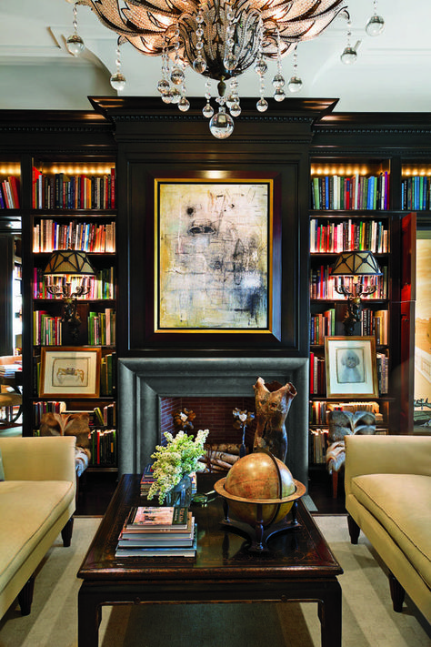 Dark and Masculine Living Room and Library.                                                                                                                                                      More Painting Bookcase, Design Salon, Dark Walls, Home Libraries, A Living Room, Home Library, A Fire, 인테리어 디자인, Home Interior