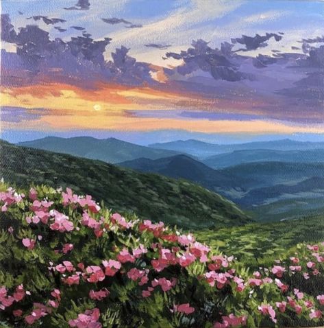 Big Canvas Painting Ideas Scenery, Mountain Pastel Drawing, Window Scenery Painting, Painting Ideas On Canvas Mountains, Mountain Painting Ideas, Mountain Scenery Painting, Landscape Paintings Watercolor, Mountain Sunset Painting, Hill Painting