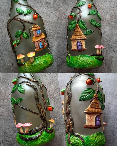 Clay Art In Bottle, Bottle Craft With Clay, Clay Art Bottle, Clay On Bottles Art, Bottle Clay Art Ideas, Clay Bottle Art Ideas, Bottle Crafts With Clay, Clay Art On Bottle, Bottle Clay Art