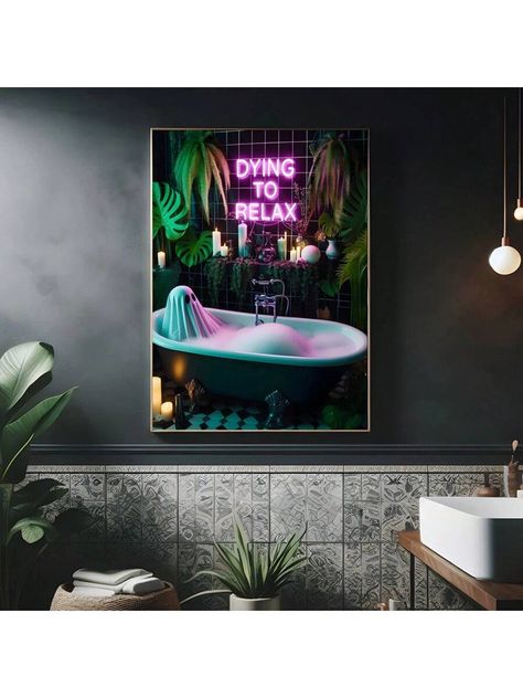 1pc Canvas Poster, Craving For Relaxation - Tropical Gothic Bathroom Print, Gothic Bathroom Decor, Neon Lights, Tropical Maximalism, Perfect For Dark Academia Book Lovers Gift, Artwork For Bedroom, Living Room, Hallway, Wall Art, Wall Decor, Room Decor, FramelessI discovered amazing products on SHEIN.com, come check them out! Bathroom Decor Neon, Tropic Goth, Modern Tropical Bathroom, Tropical Maximalism, Gothic Maximalism, Romantic Bathroom Decor, Neon Bathroom, Gothic Bathroom Ideas, Goth Bathroom