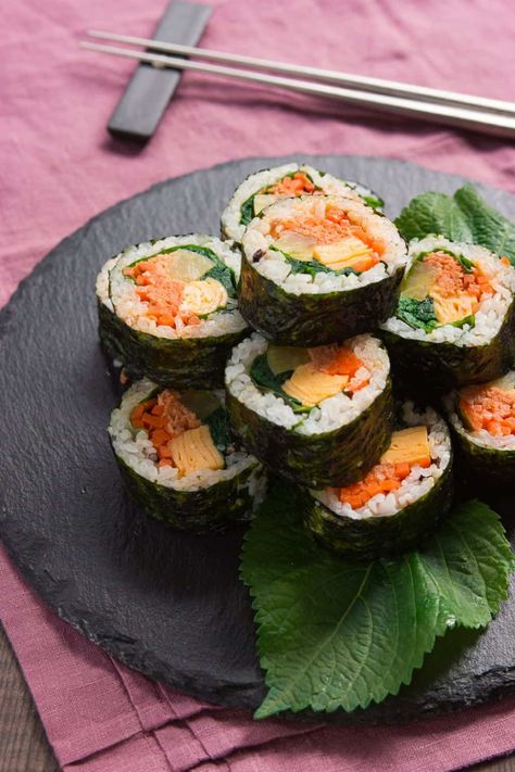 Gimbap Recipe Gimbap Recipe, Korean Sushi, Julienned Carrots, Leftover Rice, Toasted Sesame Seeds, Korean Food, Food Cravings, A Rainbow, Aesthetic Food