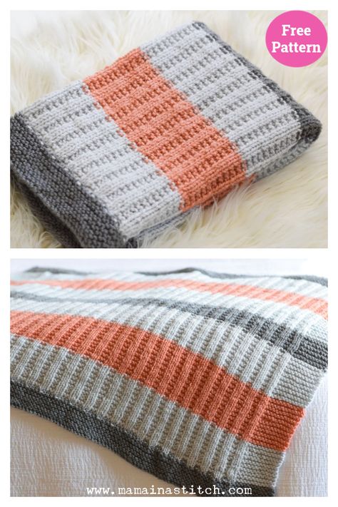 Easy Mae Ribbed Blanket Free Knitting Pattern Baby Blanket Knitting Pattern Easy, Easy Knit Blanket, Knit Baby Blanket Pattern Free, Striped Baby Blanket, Knitting Patterns Free Blanket, Knit Blankets, Waffle Stitch, Reversible Blanket, Baby Blanket Knitting Pattern