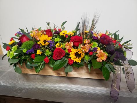 Red Flower Arrangements, Edible Fruit Arrangements, Box Arrangement, Fake Flower Arrangements, Cedar Planter Box, Sunflowers And Roses, Cedar Planters, Fruit Arrangements, Church Flowers