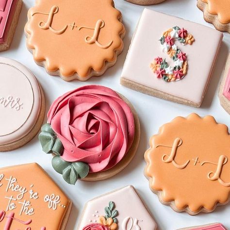 Leah Powell on Instagram: "This color scheme!!!! 👏💍😍   Sending these cookies away to get eaten was HARD 😂making them was such a joy and I am so obsessed with how they turned out. Some of my favorite yet!!  • • •  #royalicing #royalicingcookies #royalicingflowers #floralcookies #flowercookies #engagementcookies #weddingcookies #engagementring #engagmentparty #cookies #decoratedcookies #decoratedsugarcookies #sugar #sugarcookies #weddingringcookies #wedding #baking #florals #cookies #cookieart #flowermound #lantana #dfwcookies #highlandvillage" Orange Wedding Cookies, Rose Sugar Cookies, Wedding Baking, Wedding Cookies Decorated, Orange And Pink Wedding, Engagement Cookies, Icing Decorations, Royal Icing Flowers, Art Clip