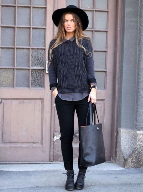 The versatility of a dark grey cable jumper and black chinos makes them investment-worthy pieces. A pair of black leather boots brings the dressed-down touch to the ensemble.  Shop this look for $130:  http://lookastic.com/women/looks/hat-dress-shirt-cable-sweater-watch-chinos-tote-bag-boots/5638  — Black Wool Hat  — Charcoal Dress Shirt  — Charcoal Cable Sweater  — Black Leather Watch  — Black Chinos  — Black Leather Tote Bag  — Black Leather Boots Stylish Hats, Mode Inspo, Black Hat, Inspiration Mode, Fashion Mode, Looks Style, Mode Inspiration, Mode Style, Fall Winter Outfits