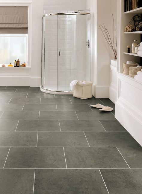 Oakeley LVT flooring shown in an upscale bathroom setting, followed by a close-up angled image. Grey Bathroom Floor, Real Wood Floors, Bathroom Redesign, Slate Flooring, Travertine Tile, Floor Art, Vinyl Floor, Grey Bathrooms, Commercial Flooring