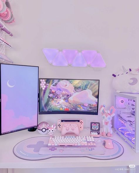 Purple Pc Setup, Pastel Purple Bedroom, Purple Bedroom Aesthetic, Couple Gaming Room Setup, Games Room Inspiration, Game Setup, Gaming Desk Setup, Cozy Gaming, Office Tour