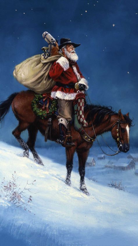 Cowboy Christmas Wallpaper, Cowgirl Photoshoot, Christian Christmas Cards, Christmas Cowboy, Western Artwork, Merry Christmas Wallpaper, Santa Art, Christmas Wallpaper Backgrounds, Christmas Wallpapers