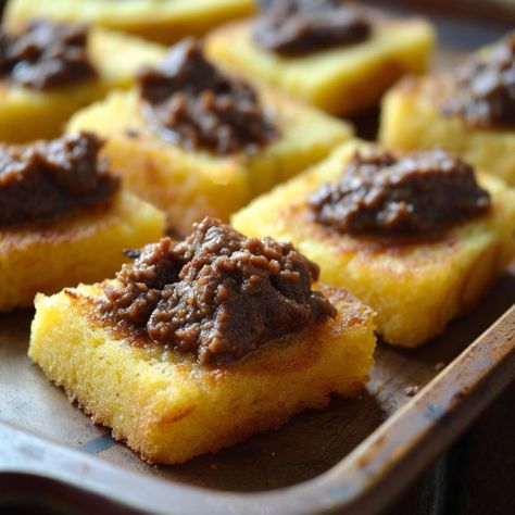 Crostini di Polenta with Chicken Liver - a Tuscan delight where crunchy Chicken Liver Pate Recipe, Fried Polenta, Crispy Polenta, Cheese Polenta, Baked Polenta, Polenta Fries, How To Cook Polenta, Italian Dinner Party, Chicken Liver Pate