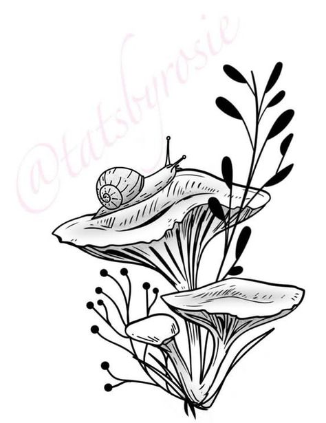 Tattoo Ideas Female Mushroom, Mushroom Snail Tattoo, Shroom Tattoo, Trance Art, Printable Drawings, Mushroom Snail, Snail Tattoo, Vine Drawing, Whimsical Tattoos