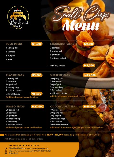 A5 small chops menu. #food #cake #menu #restaurantdesign #vogdesign Small Chops Package Ideas, Small Chops Flyer Design, Cheese And Onion Pasty, Small Chops, Menu Poster, Menu Card Design, Food Business Ideas, Food Bakery, Menu Food