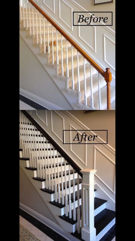 I like how simple this redesign is. Love the combo of white risers with very dark treads - but maybe instead of black, something like a very dark navy. Also, I would paint the top and bottom newel posts in the dark color to anchor the hand railing. But how to keep the risers from getting all scuffed? Stair Makeover, Diy Staircase, Stairs Makeover, Stairs Ideas, Staircase Remodel, Staircase Makeover, Stair Remodel, Painted Stairs, Staircase Railings