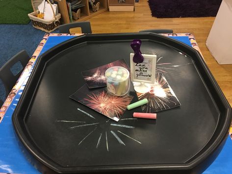 Invitation for mark making, chalk and fire works, EYFS, Early years. By Miss Grey and Play! Bonfire Night Eyfs Tuff Tray, Fire Work Activities Eyfs, Firework Activities Eyfs, Eyfs Fireworks, Firework Activities, Nursery Activity Ideas, Bonfire Night Crafts, Bonfire Night Activities, Tuff Spot Ideas