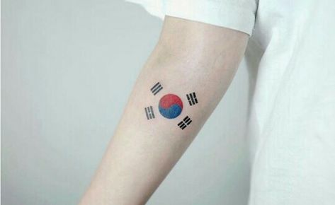 Korean Flag Tattoo, Korea Tattoo, Korean Flag, Flag Tattoo, Hình Xăm, Drums, Tattoo Ideas, Flag, Tattoos