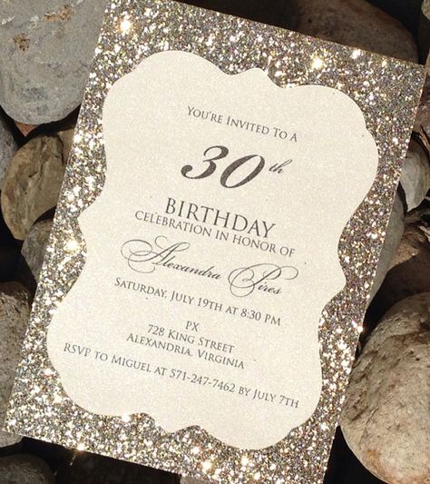 Birthday Invitation 25 Glitter Birthday by SoireeCustomPaperCo White And Silver Birthday, Cap Inspiration, 30th Bday Party, 16th Birthday Invitations, Silver Birthday, Turning 30, Glitter Invitations, 30th Birthday Invitations, 30th Bday