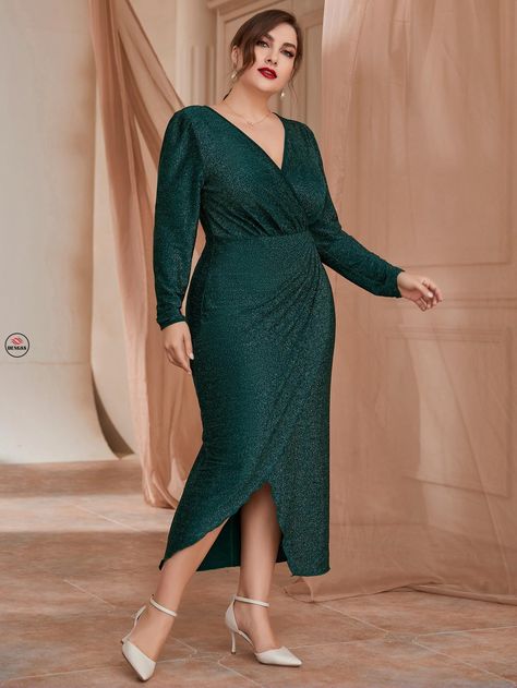 Belle Plus Surplice Neck Wrap Glitter Fitted Bridesmaid Dress Fitted Bridesmaid Dresses, Robes Glamour, Look Plus Size, Shein Dress, Neck Wrap, Plus Size Dress, Deep V Neck, Bride Dress, Fitted Dress