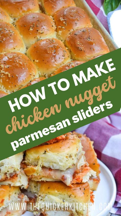 Chicken Nugget Biscuit, Things To Make With Chicken Nuggets, Chicken Parm Sliders Chicken Nuggets, Hawaiian Roll Sliders Chicken Nuggets, Chicken Nugget Meals Dinners, Chicken Nugget Sandwich Recipes, Dino Nugget Chicken Parm, Chicken Nugget Sides Dishes, Frozen Chicken Nugget Appetizers